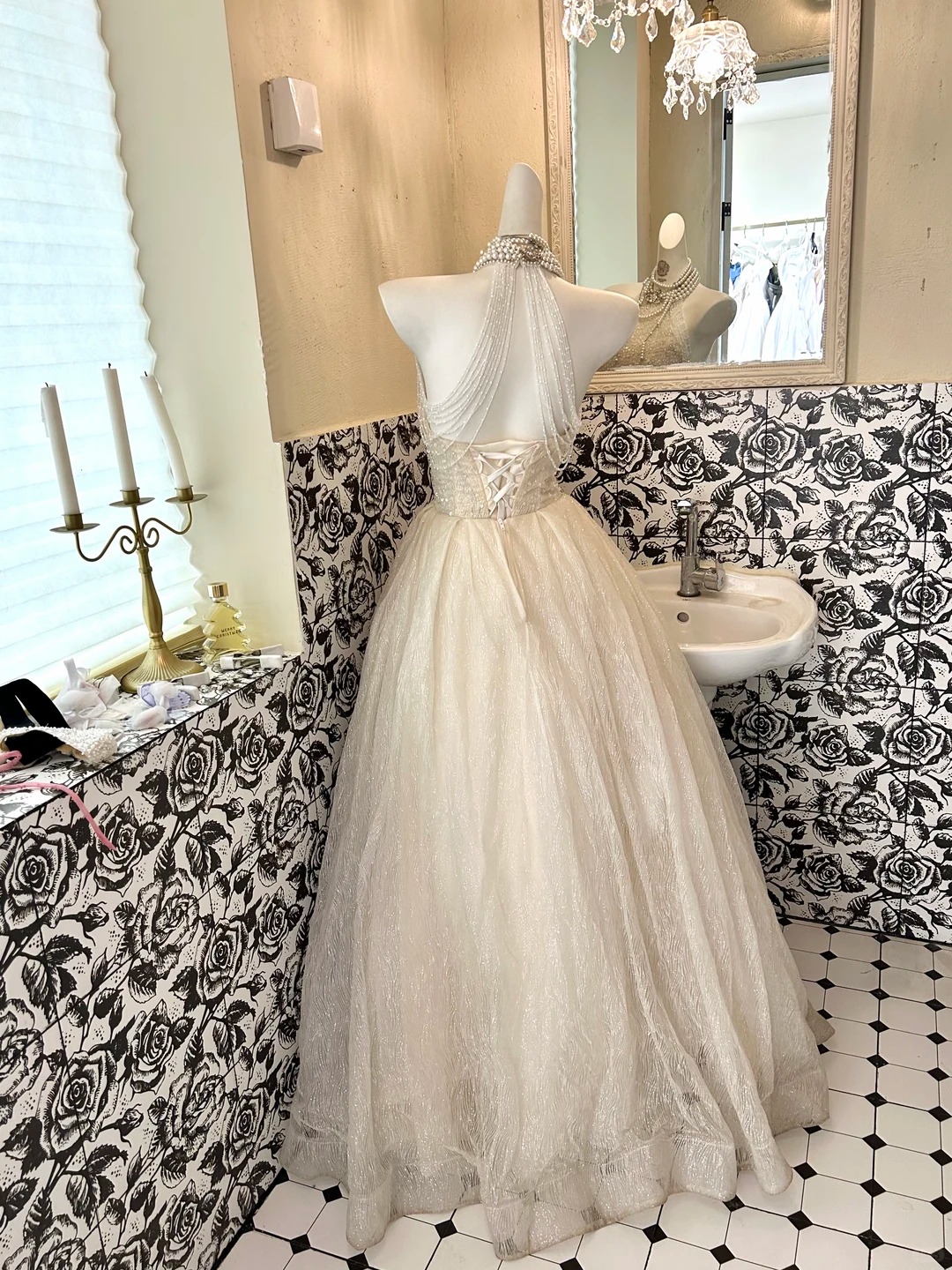 Light Apricot Halter Waist-Cinched Voluminous Skirt Long Romantic Dress, Wedding Gown gh7734