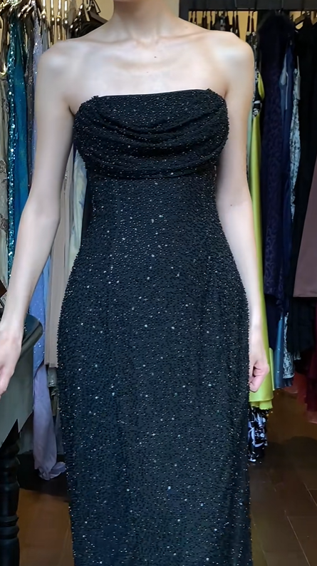 Black Strapless Long Formal Gown Ruched Bust Tiny Beaded Slim Evening Dress gh9642