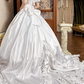 White Vintage Satin Wedding Ball Gown, Sweetheart V‑Neck, Short Puff Sleeves, Gold‑Thread Lace Appliqué Pointed Waist, Voluminous A‑Line Skirt With Satin Ruffle Lace Hem, Prom Dress gh8654
