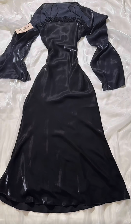Vintage Long Prom & Evening Party Dress, Black Spaghetti Straps, Fitted Waist Slim Silhouette gh8591
