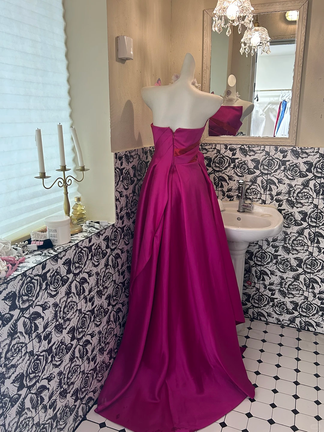 Magenta Strapless Waist-Cinched A-Line Long Romantic Dress, Wedding Gown gh7629
