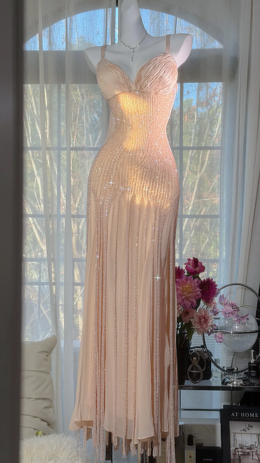 Nude Pink V-Neck Ruched Spaghetti Strap Vertical Fringe Beaded Mermaid Evening Dress, Prom Gown gh9527