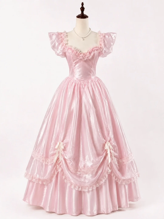 Pink Vintage Rococo Ball Gown, Off‑Shoulder Flutter Sleeve Lace Ruffle Square Neck Corset Bodice Satin Bow Princess Prom Dress gh9081