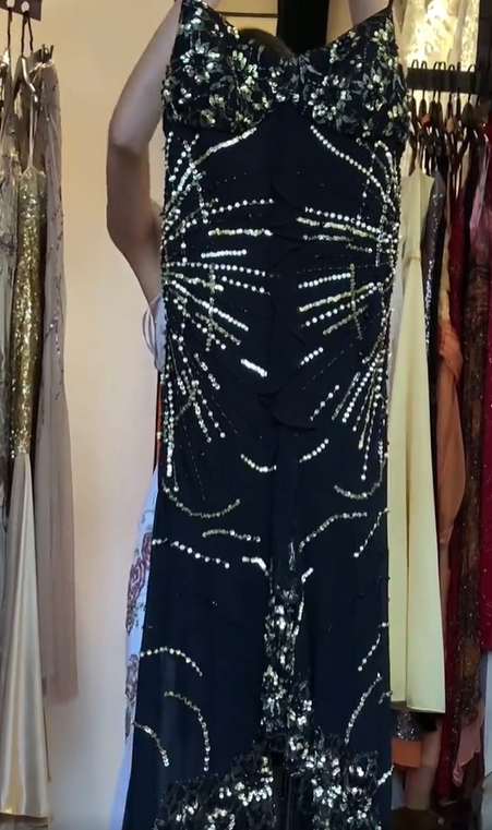 Spaghetti Strap Black Gatsby Beaded Sequin Evening Dress Irregular Lace Hem Formal Gown gh9799