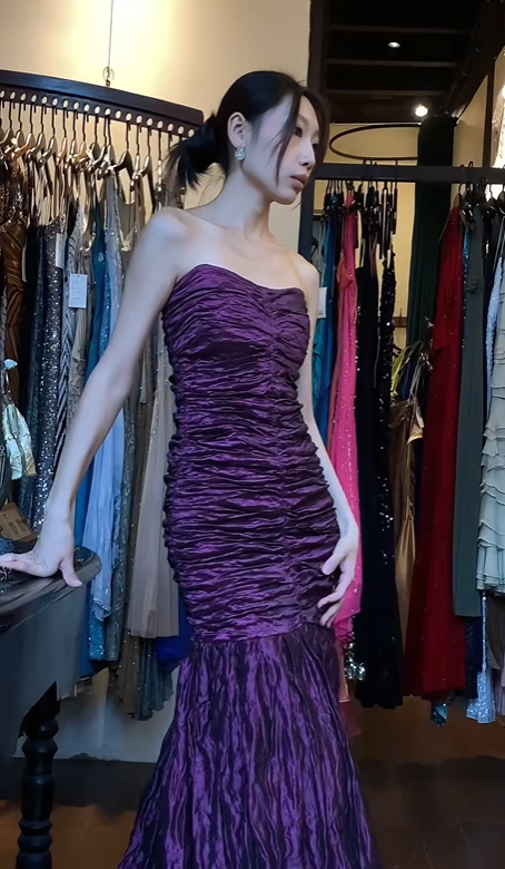 Strapless Dark Purple Evening Gown Full Ruched Bodice Mermaid Long Prom Dress gh9692