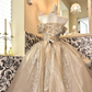 Champagne Off-the-Shoulder Waist-Cinched Gown with Silver Decorations, Voluminous Skirt Long Romantic Dress, Wedding Gown gh7760