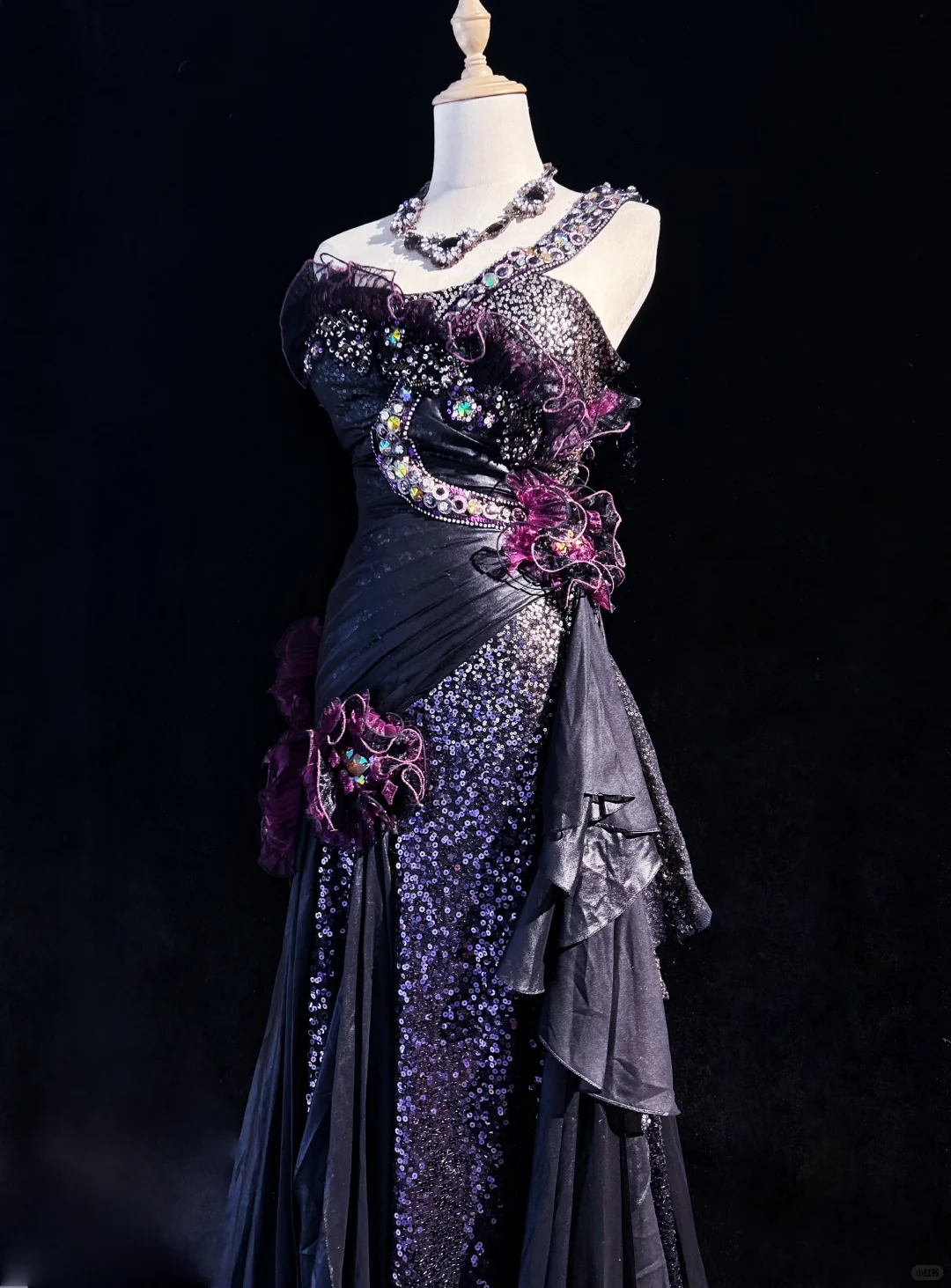 One Shoulder Black Purple Gradient Mermaid Prom Dress Sequins Rhinestones 3D Floral Formal Gown with Train gh9543