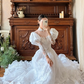 White Vintage Victorian Detachable High Neck Bubble Short Sleeve V Off‑the‑Shoulder Lace Long Sleeve Fitted Waist Tulle Lace Applique Train Long Prom Gown, Wedding Dress gh8619