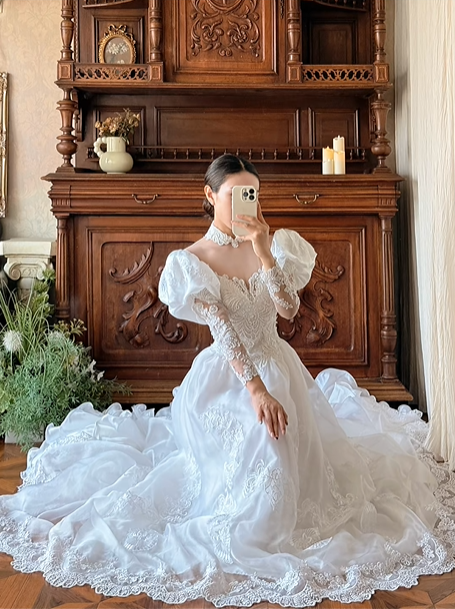 White Vintage Victorian Detachable High Neck Bubble Short Sleeve V Off‑the‑Shoulder Lace Long Sleeve Fitted Waist Tulle Lace Applique Train Long Prom Gown, Wedding Dress gh8619