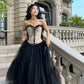 Black Floral Corset Stylish Elegant Long Tulle Ball Gown Evening Gown Garden Party Gown Graduation Gown Prom Gown Wedding Guest Party Dress gh3984