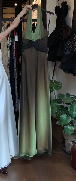 Gradient Green Vintage Prom Dress Halter V Neck Twisted Waist Chiffon Long Evening Gown gh9602