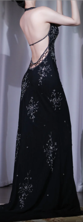 ✨Girlhomeshops-Black Halter Rhinestone Beaded Mermaid Prom Dress Backless Cutout gh10026