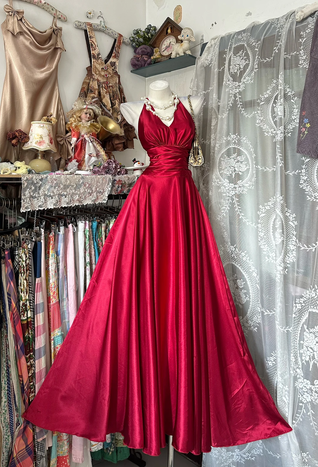 Red Satin Spaghetti Strap Fitted Waist Long Flared Prom & Evening Party Dress gh8475