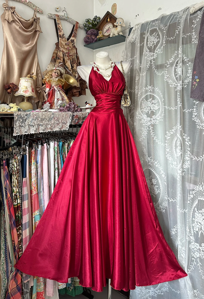 Red Satin Spaghetti Strap Fitted Waist Long Flared Prom & Evening Party Dress gh8475