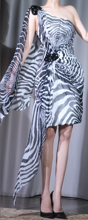 ✨Girlhomeshops-Zebra Print One Shoulder Beaded Short Cocktail Dress with Chiffon Sleeve gh10023