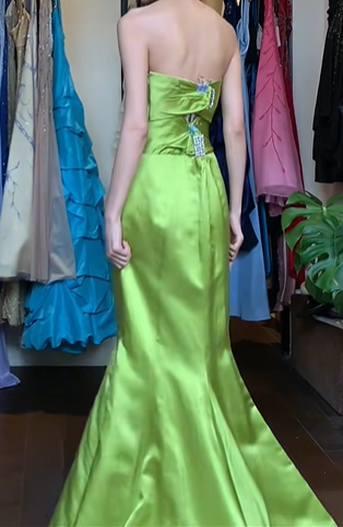 Lime Green Vintage Prom Dress Strapless Sweetheart Twist Bodice Rhinestone Brooch Satin Mermaid Long Evening Gown gh9626