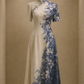 ✨Girlhomeshops-Gradient Blue White Short Sleeve Qipao Midi Dress with Floral Beaded Embroidery gh10528