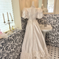 White Vintage Satin Puff Sleeve Cinched Waist Long Lace Skirt Romantic Dress, Wedding Gown gh7807