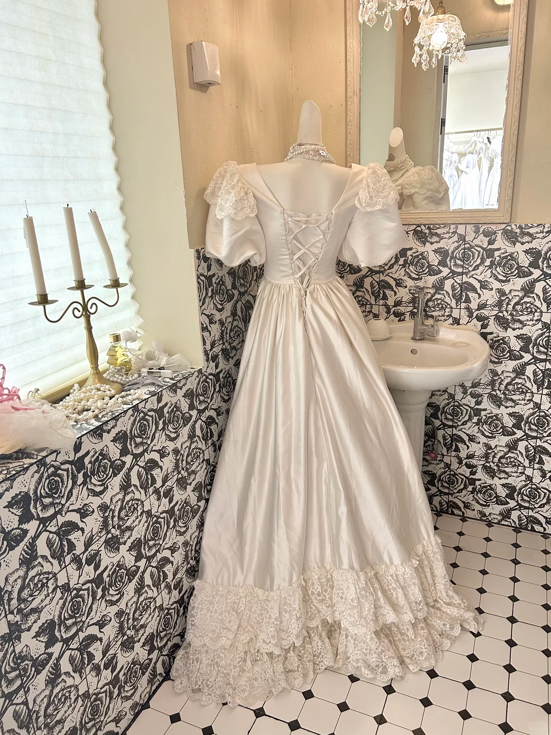 White Vintage Satin Puff Sleeve Cinched Waist Long Lace Skirt Romantic Dress, Wedding Gown gh7807