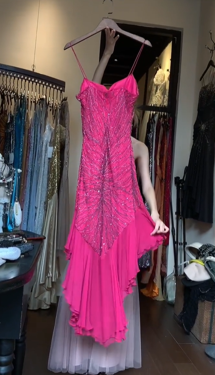 Fuchsia Spaghetti Strap Beaded Sequin Asymmetrical Ruffle Chiffon Evening Gown gh9815