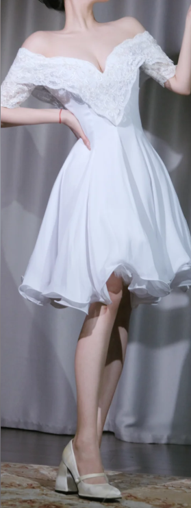 ✨Girlhomeshops-White Off Shoulder Mini Prom Dress Lace Half Sleeve Chiffon Flowy Evening Gown gh9963
