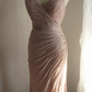 Dusty Rose Glitter Spaghetti Strap Mermaid Evening Gown, V‑Neck Cross Twist Bodice Side Ruched Fitted Long Formal Party Dress gh9111