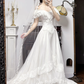 Ivory Vintage Wedding Gown, V‑Neck Lace Flutter Sleeves, Lace Appliqué Fitted Waist, Flowy Multi‑Layer Tulle Skirt, Lace Appliqué Details, Multi‑Tier Lace Hem, Long Lace Train, Bridal Prom Dress gh8733