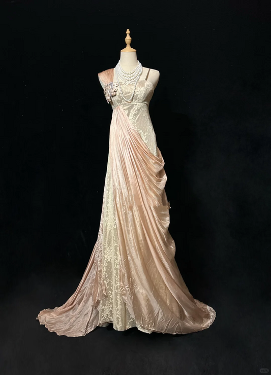✨Girlhomeshops-Nude Pink One Shoulder Draped Satin Gown Lace 3D Floral gh10141