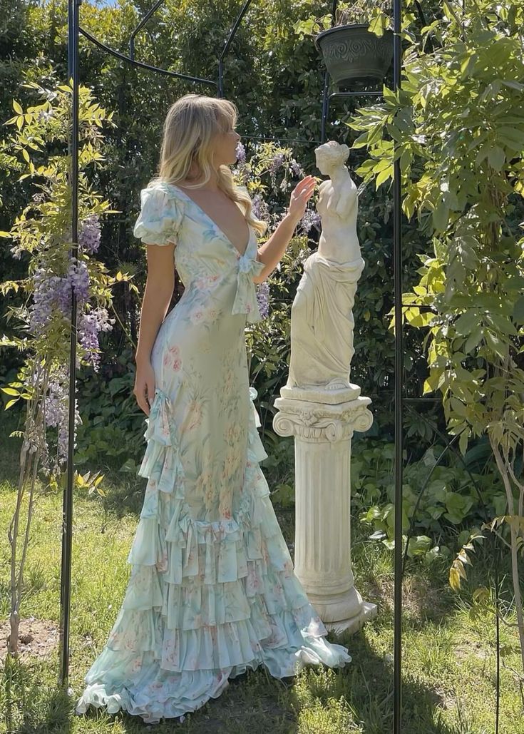 Blaues florales V-Ausschnitt sexy elegantes langes Ballkleid mit Rüschen Abendkleid Gartenpartykleid gh3045