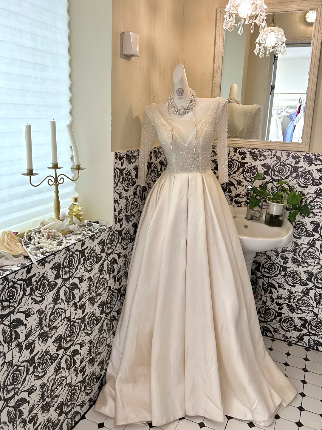 Ivory V-Neck Waist-Cinched Full Flared Skirt Luxury Elegant Romantic Dress, Wedding Gown gh7647