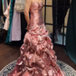 Metallic Pink Strapless Ruffled Long Evening Gown Sweetheart Beaded Prom Dress gh9847