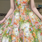 Cartoon Floral Print Spaghetti Strap Midi Prom Dress, Lace Trim Square Neck Tiered Swing Formal Party Gown gh9019