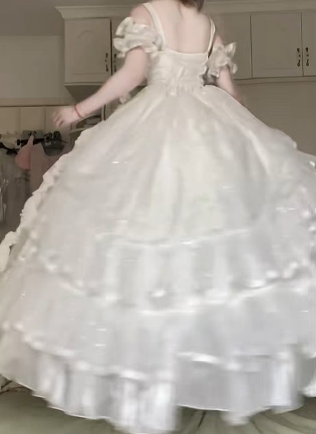 Off‑White Square Neck Off‑the‑Shoulder Evening Gown, 3D Floral Ruffled Tulle Floor‑Length Wedding Prom Dress gh9051