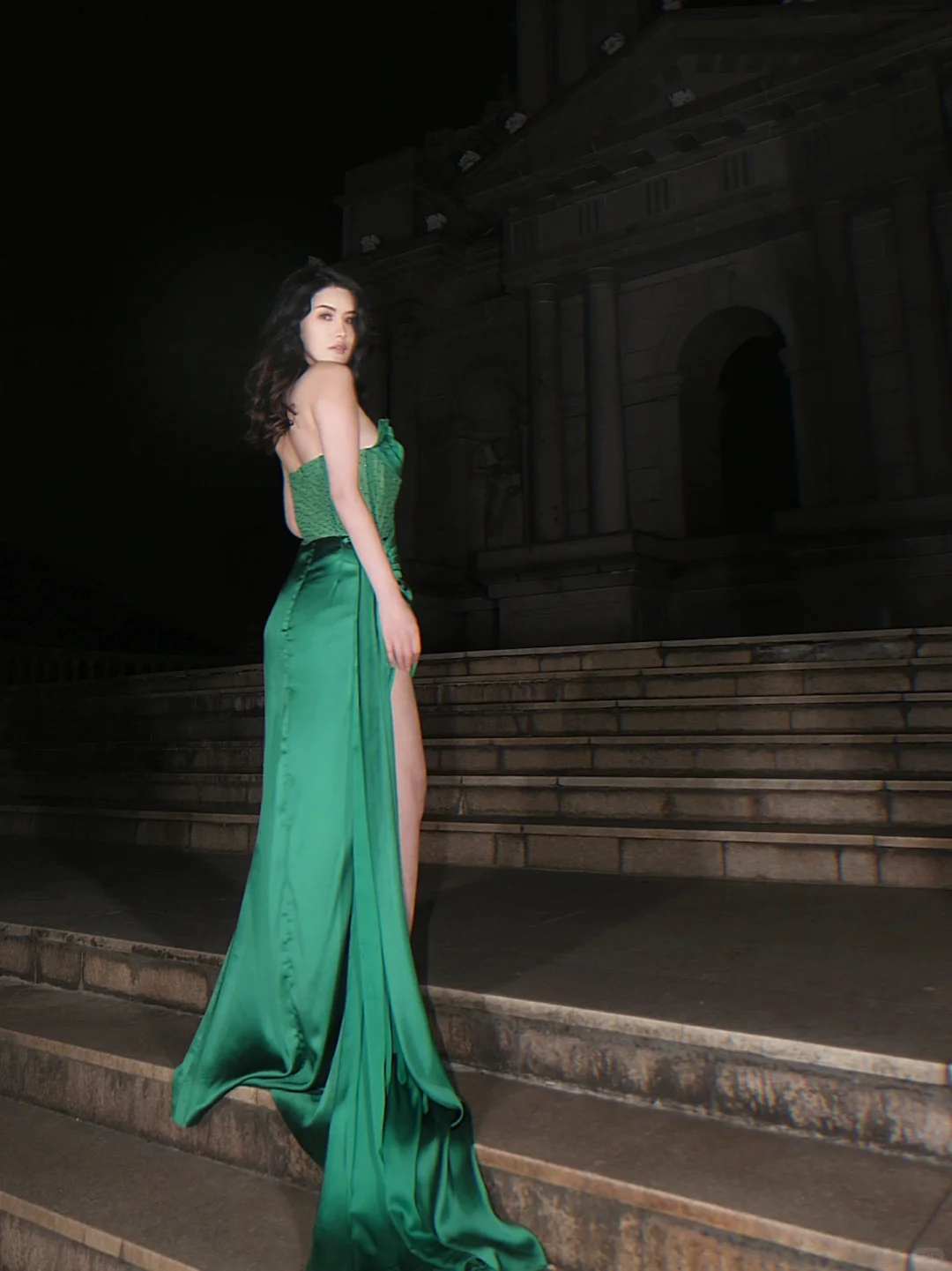 Emerald Green Satin High Slit Long Evening Gown Strapless Boned Corset Prom Dress gh9858