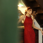 Red Halter Mermaid Prom Dress Hand Beaded Sequin Front Slit Long Evening Gown gh9861