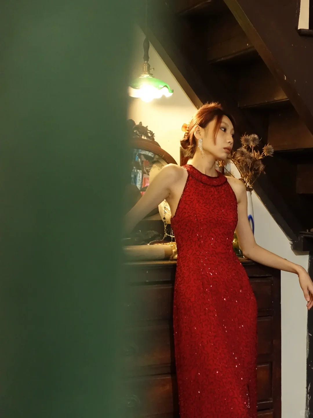 Red Halter Mermaid Prom Dress Hand Beaded Sequin Front Slit Long Evening Gown gh9861