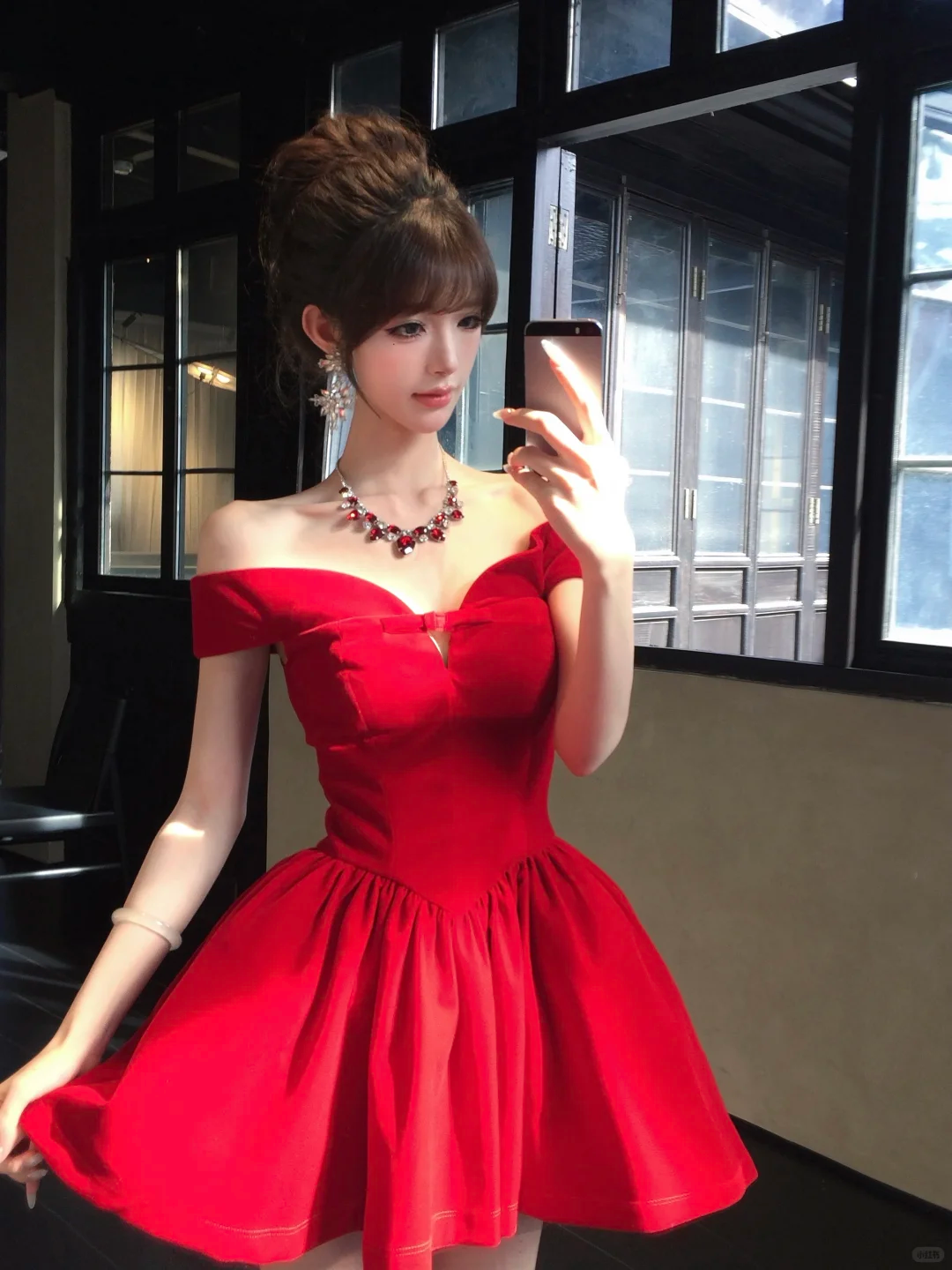 Women Vibrant Red Off Shoulder Homecoming Dress Bow V Neck Boned Waist A-Line Puffy Short Party Dress gh9431