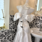 White Satin Ruffled Off-the-Shoulder Waist-Cinched Bodycon Sexy Long Romantic Dress, Wedding Gown gh7728