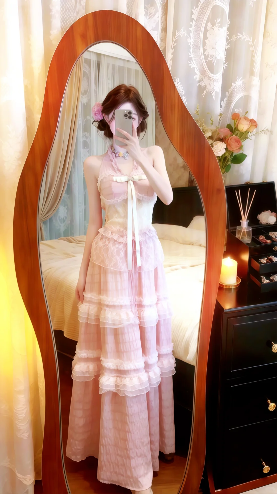 Pink Halter Neck Lace Evening Gown, Bow Detail Tiered Ruffle Plaid‑Texture Cake Skirt Prom Dress gh9130