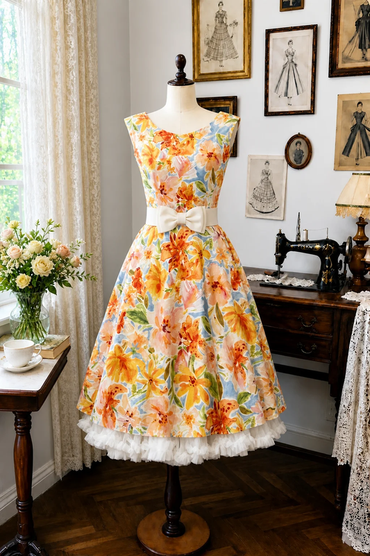 Watercolor Floral 1950s Vintage Midi Dress, Sleeveless Round Neck Wide Ivory Belt With Big Bow High Waist A‑Line Swing Skirt With Ruffled Tulle Underskirt Garden Party Gown gh9099