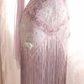 Women Dusty Pink Gatsby Style Evening Gown Halter Cowl Neck Hand-Beaded Lace Appliques Long Fringe Skirt with Matching Sheer Scarf gh9566