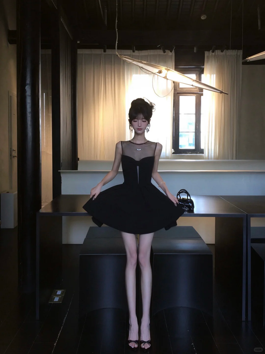 Women Elegant Black Mesh Homecoming Dress Sheer Round Neck Heart Cutout Boned Waist A-Line Flare Short Party Gown gh9439