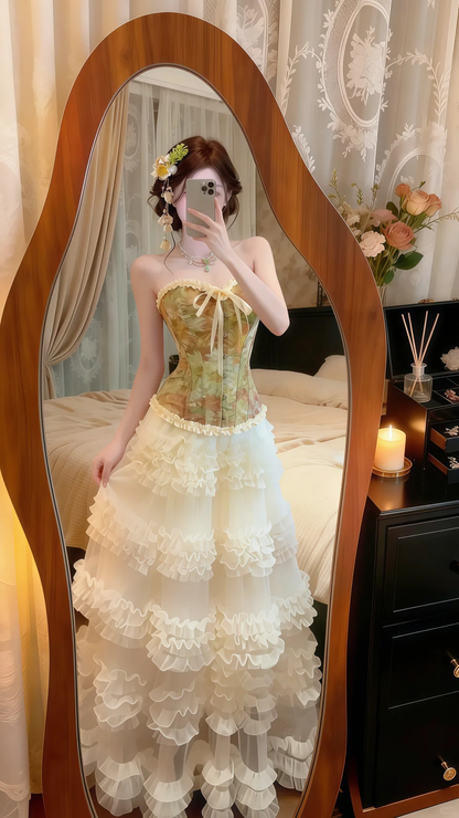 Oil‑Painting Green 2‑Piece Evening Gown, Strapless Printed Corset Top Tiered Ruffle Tulle Skirt Prom Dress gh9141