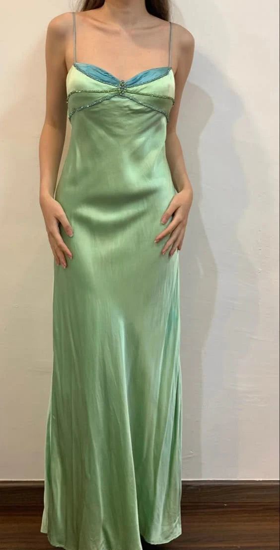 Green Vintage Fashion Beaded Spaghetti Straps Long satin Formal Prom Dress, Evening Dress, Party Dress gh3501