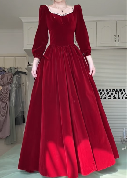 Burgundy Velvet Long Evening Gown, Square Neck Pearl Trim Puff Sleeve A‑Line Formal Prom Dress gh9044