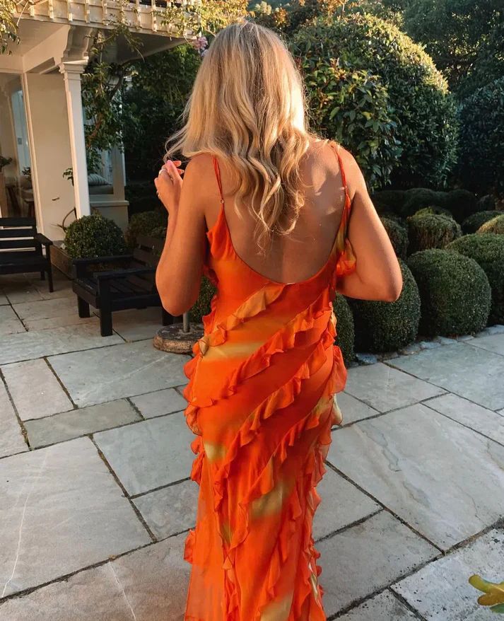 Robe de soirée longue sirène à bretelles spaghetti orange sexy à ourlet à volants, robe d'invité de mariage, robe de bal, robe de soirée moulante irrégulière gh3036