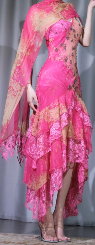 ✨Girlhomeshops-Spaghetti Strap Beaded Floral Dress, Fuchsia Irregular Ruffle Midi Evening Gown gh9940