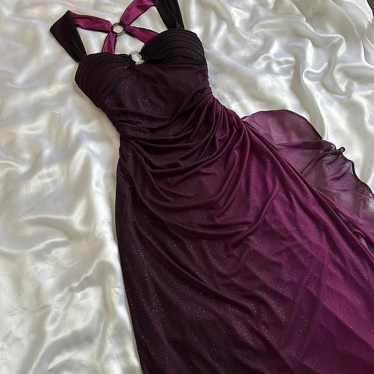 Robe de soirée longue en tulle violet brillant et élégant avec bretelles dégradées gh3203