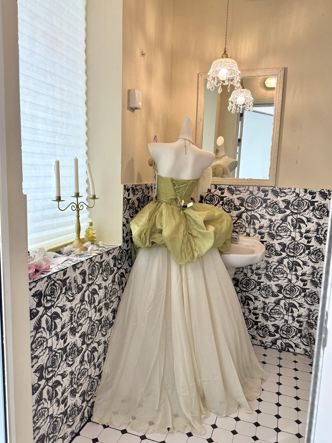 Light Green Strapless Waist-Cinched Voluminous Skirt Long Romantic Dress, Wedding Gown gh7642