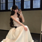 White Strapless Lace Long Evening Dress with Black Bow gh9413